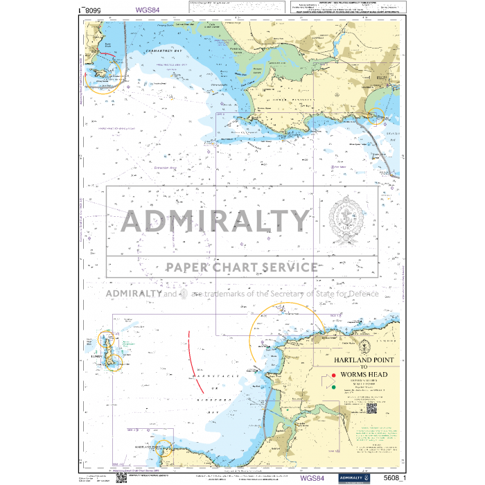 The "Admiralty Small Craft Charts - 5608 - Bristol Channel" from Admiralty illustrates maritime navigation details around Hartland Point and Worms Head. Crafted for maritime experts, it features coastal outlines, depth contours, navigational hazards, and guidance notes. Annotations and symbols indicate safe routes and geographical features.