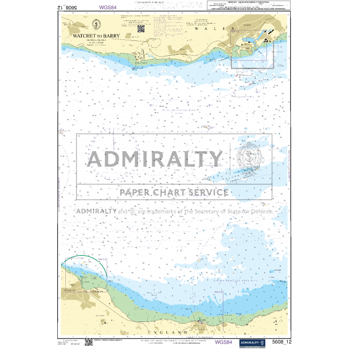 The Admiralty Small Craft Chart 5608_12: Watchet to Barry from the Admiralty brand illustrates the coastal regions of Wales and England, featuring navigational markers and depth contours. Published by the UK Hydrographic Office, this chart aids seafarers in ensuring safe navigation. A circle emphasizes a particular area in the bottom left corner.