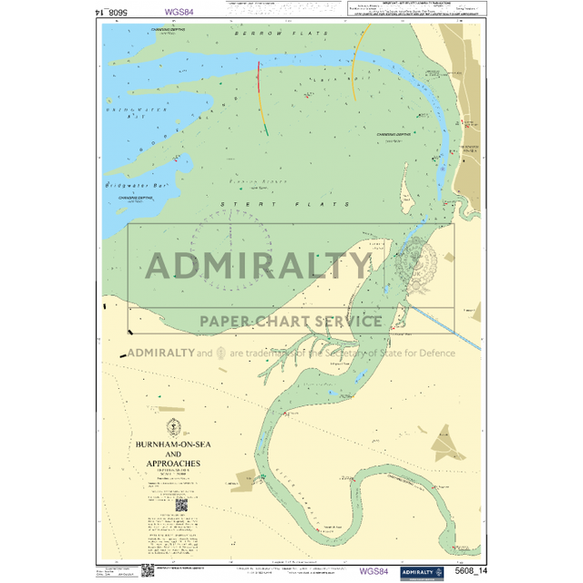 The Admiralty Small Craft Chart 5608_14, titled "Burnham-on-Sea and Approaches," offers a comprehensive depiction of sea depths, land features, and navigation aids in the area. Published by Admiralty, this chart includes coordinates and scale from the UK Hydrographic Office and is primarily rendered in green, blue, and beige tones.