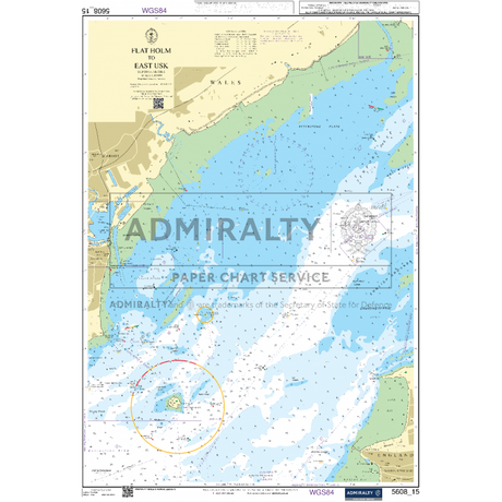 The Admiralty Small Craft Charts - 5608 - Bristol Channel is designed for coastal navigation, detailing areas such as Flat Holm and East Usk. It provides comprehensive maritime information including water depths, navigational markings, geographic features, and coordinates. Additionally, the chart features the Admiralty Paper Chart Service watermark.