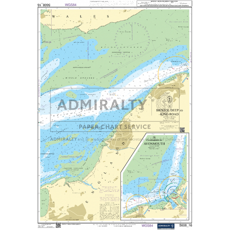 The Admiralty Small Craft Charts - 5608 - Bristol Channel by Admiralty depicts a nautical chart of the Bristol Channel, Avonmouth, and King Road with detailed depths, navigation aids, and topographic information essential for coastal navigation. Insets provide intricate details of Avonmouth Docks and the approach to King Road. © Crown copyright; use permitted by the UK Hydrographic Office. Perfect for maritime experts.