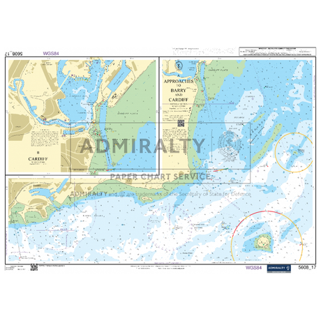 The Admiralty Small Craft Charts - 5608 - Bristol Channel from Admiralty provides comprehensive nautical information for the approaches to Barry and Cardiff. It features three primary sections, each detailing waterways, depth contours, navigational aids, and hazards. Insets offer detailed views of channel areas. Designed for maritime experts and coastal navigation, the chart is meticulously divided and labeled with coordinates and scale.