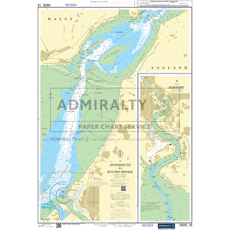 The Admiralty Small Craft Chart 5608 - Bristol Channel by Admiralty is a detailed nautical chart that covers the Avonmouth and Severn Bridge region, highlighting prominent waterways and coastal features. Perfect for maritime experts, this chart also includes an inset of Newport, showcasing river and land topography, navigational aids, and essential depth markings critical for coastal navigation.