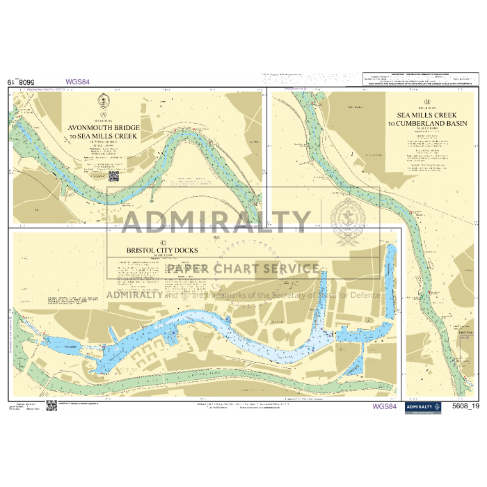 Explore the Bristol Channel with the Admiralty Small Craft Charts - 5608, covering Avonmouth Bridge to Sea Mills Creek and Sea Mills Creek to Cumberland Basin, as well as the Bristol City Docks. This chart provides detailed river paths, docks, and infrastructure along with topographical features and navigational markings for optimal coastal navigation by Admiralty.