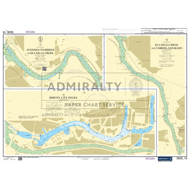 The Admiralty Small Craft Chart 5608_19: Avonmouth Bridge to Sea Mills Creek, produced by Admiralty, provides comprehensive details on the nautical route from Avonmouth Bridge through Sea Mills Creek to Cumberland Basin and Bristol City Docks. It features essential navigation aids, water depths, land features, and various other navigational information.