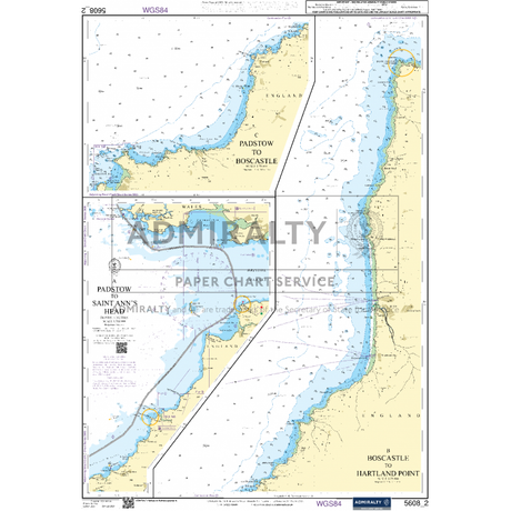 The Admiralty Small Craft Charts - 5608 - Bristol Channel by Admiralty is a nautical chart detailing the western coast of England, covering areas from Padstow to Boscastle, Padstow to Saint Ives Head, and Hoscaste to Hartland Point. Ideal for maritime experts in coastal navigation, this chart includes depth measurements and navigation aids. Marked as Admiralty chart number 5608.