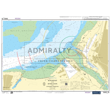 The Admiralty Small Craft Charts - 5608 - Bristol Channel, created by Admiralty for maritime experts, depict King Road and the River Avon area. This chart includes detailed information on depths, navigational aids, and landmarks. It features different colors to indicate various depth regions and navigational zones, along with extensive notes on coastal navigation and safety.