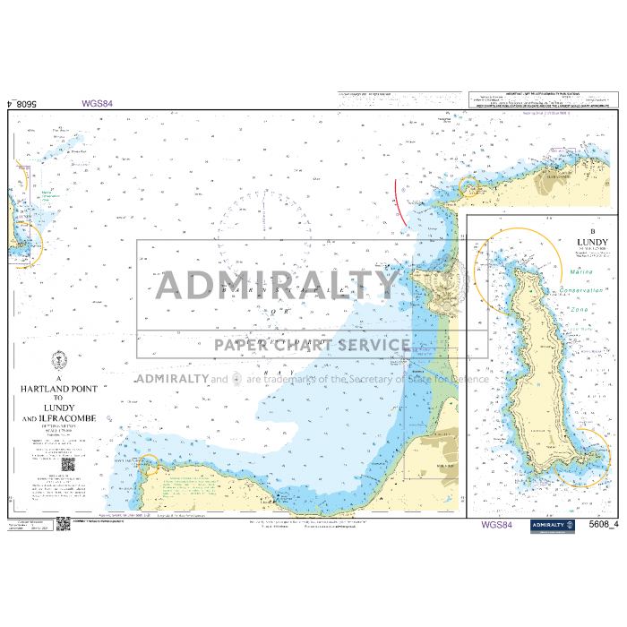 The Admiralty Small Craft Charts - 5608 - Bristol Channel, produced by Admiralty, feature detailed nautical information titled "Hartland Point to Lundy and Ilfracombe." This chart meticulously displays coastal waters, depths, and navigational markings around the islands. An inset on the right provides an in-depth view of Lundy Island's contour and terrain, making it ideal for maritime experts engaged in coastal navigation or utilizing Small Craft charts.