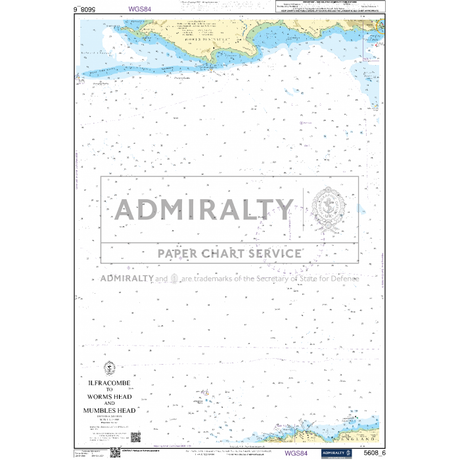 A nautical chart titled "Admiralty Small Craft Charts - 5608 - Bristol Channel" by ADMIRALTY, ideal for coastal navigation, shows coastal areas, navigational markers, depth measurements, and water features. The map features latitude and longitude coordinates with the title and brand watermark centered.