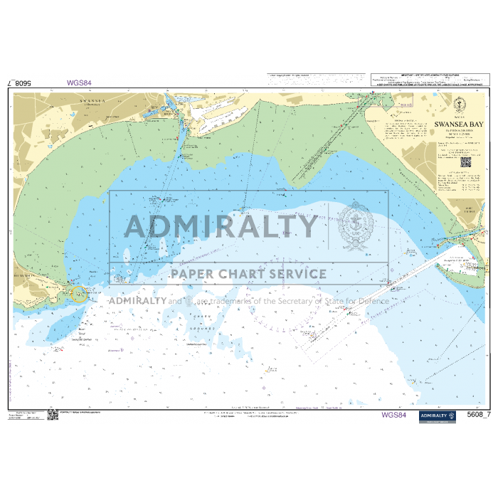 The Admiralty Small Craft Chart - 5608, Bristol Channel is a nautical chart specifically designed for the Swansea Bay area. Produced by Admiralty under their Paper Chart Service, this map is created for coastal navigation and includes coastal contours, depth measurements, navigational markers, and submerged hazards. It caters to maritime experts with its detailed bathymetric information.