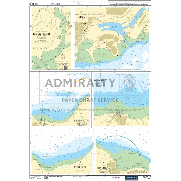 The Admiralty Small Craft Charts - 5608 - Bristol Channel, produced by Admiralty, is a nautical chart divided into six sections that detail various coastal areas such as River Neath, Barry, Watch House Point, Lynmouth, Porlock, and Minehead. It is perfect for coastal navigation by maritime experts as it includes depth contours, navigational aids, and coastal features. Labels on the chart include "ADMIRALTY" and "PAPER CHART SERVICE.