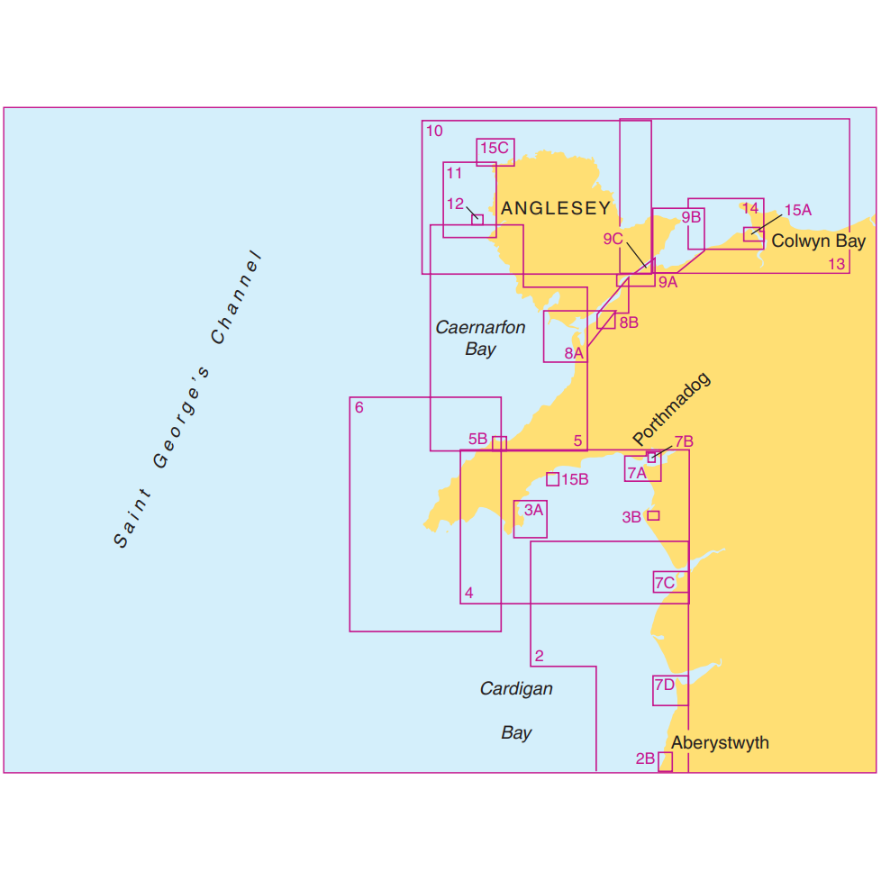 A map from the Admiralty Small Craft Charts - 5609 - North West Wales series displaying geographic coordinates and coastal location names such as Anglesey, Caernarfon Bay, Cardigan, Colwyn Bay, Porthmadog, and Aberystwyth. The map features various numbered grid sections for precise coastal navigation with Saint George's Channel illustrated on the left.