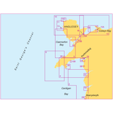A map from the Admiralty Small Craft Charts - 5609 - North West Wales series displaying geographic coordinates and coastal location names such as Anglesey, Caernarfon Bay, Cardigan, Colwyn Bay, Porthmadog, and Aberystwyth. The map features various numbered grid sections for precise coastal navigation with Saint George's Channel illustrated on the left.