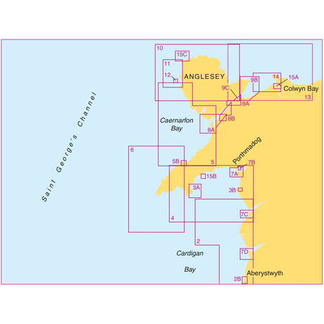 A map from the Admiralty Small Craft Charts - 5609 - North West Wales series displaying geographic coordinates and coastal location names such as Anglesey, Caernarfon Bay, Cardigan, Colwyn Bay, Porthmadog, and Aberystwyth. The map features various numbered grid sections for precise coastal navigation with Saint George's Channel illustrated on the left.