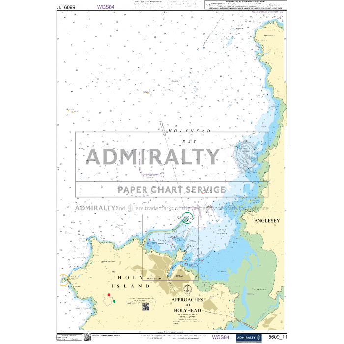 Admiralty Small Craft Chart - 5609 - North West Wales depicts the approach to Holyhead, including Holy Island and parts of Anglesey. Land areas are shaded in yellow, and water depths are indicated by varying shades of blue. The chart includes detailed navigation markers, depth contours, and maritime features essential for coastal navigation. Text reads “ADMIRALTY PAPER CHART SERVICE.”