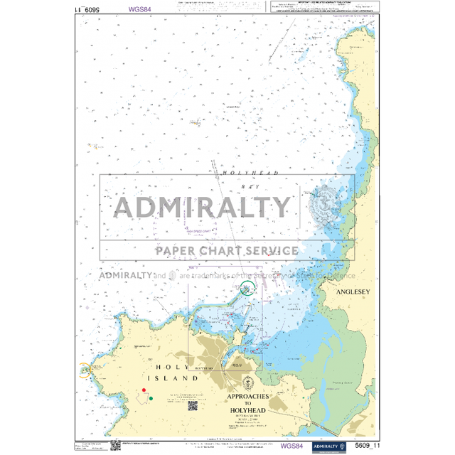 The Admiralty Small Craft Chart 5609_11: Approaches to Holyhead by Admiralty provides detailed information on water depths, land elevations, coastal features, and navigational details. The ocean areas are illustrated in shades of blue, while the land is depicted in beige and green tones. It includes current navigation aids to ensure safe passage.