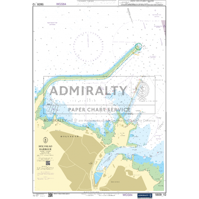 The Admiralty Small Craft Chart 5609_12: Holyhead Harbour provides current insights from the UK Hydrographic Office (UKHO), detailing water depths, landforms, and navigational paths. Land is shaded in tan, water depths are presented in blue tones, with additional overlays of navigational aids and markings to ensure accurate navigation.