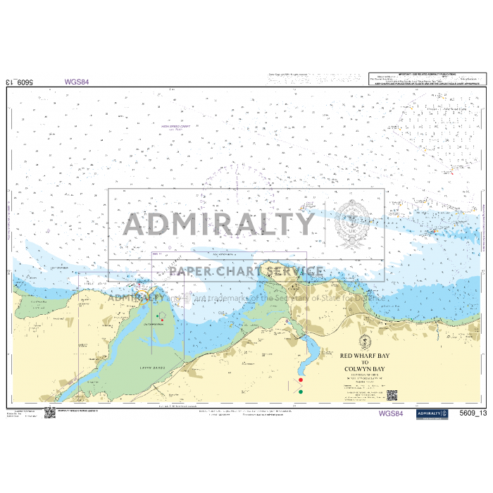 The "Admiralty Small Craft Charts - 5609 - North West Wales" by Admiralty depicts a coastal area including Red Wharf Bay and Colwyn Bay. This chart shows depths, navigation markers, coastal lines, and includes various maritime and geographical information essential for coastal navigation.