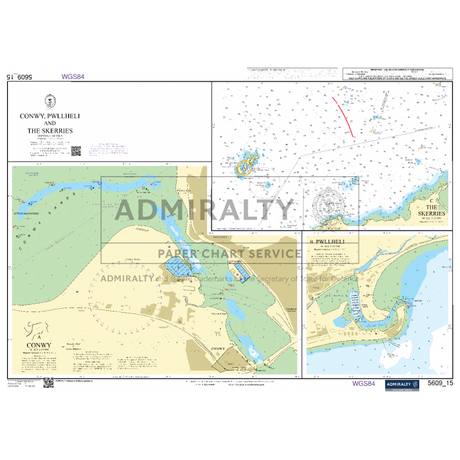 The Admiralty Small Craft Charts - 5609 - North West Wales provides detailed maps covering Conwy, Pwllheli, and The Skerries, featuring harbors, coastal features, and sea depths. This chart from the Admiralty brand includes overlays, navigation aids, and annotations essential for coastal navigation. It is printed by the UK Hydrographic Office with the ADMIRALTY logo.