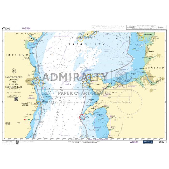 The Admiralty Small Craft Chart 5609_1: Saint George's Channel and Irish Sea (Southern Part) illustrates the maritime region between South West England and Ireland. It highlights the Irish Sea and Saint George's Channel, depicting various coastal features, depth indicators, and navigation aids, ensuring its approval by the Maritime and Coastguard Agency for safe navigation.