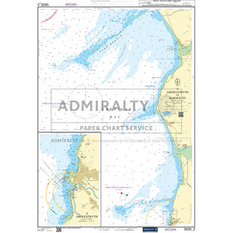 The Admiralty Small Craft Chart 5609 - North West Wales is perfect for coastal navigation around Aberystwyth Bay. It includes detailed insets of Aberystwyth harbour and Barmouth, showcasing water depths, navigational marks, and coastal landmarks with the Admiralty Paper Chart Service watermark overlaid.