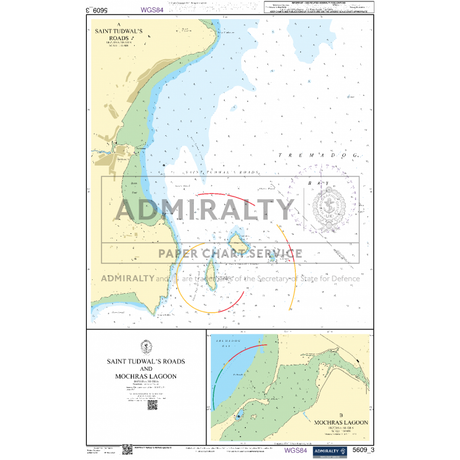 The Admiralty Small Craft Charts - 5609 - North West Wales showcases a nautical chart that highlights Saint Tudwal's Roads and Mochras Lagoon, making it ideal for coastal navigation. The main map focuses on the coastal waters featuring depth contours and adjacent land areas. Detailed insets provide close-up views of Saint Tudwal's Roads (bottom left) and Mochras Lagoon (bottom right), complete with various navigational markers and text, as seen in Admiralty charts.