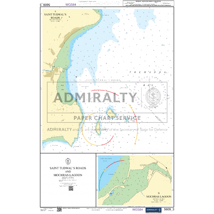 The Admiralty Small Craft Chart 5609_3, titled "Saint Tudwal's Roads and Mochras Lagoon," offers detailed coastal features, sea depth contours, and essential navigational information. Published by the UK Hydrographic Office under the Admiralty brand, it also includes insets with regional maps to ensure safe maritime navigation.