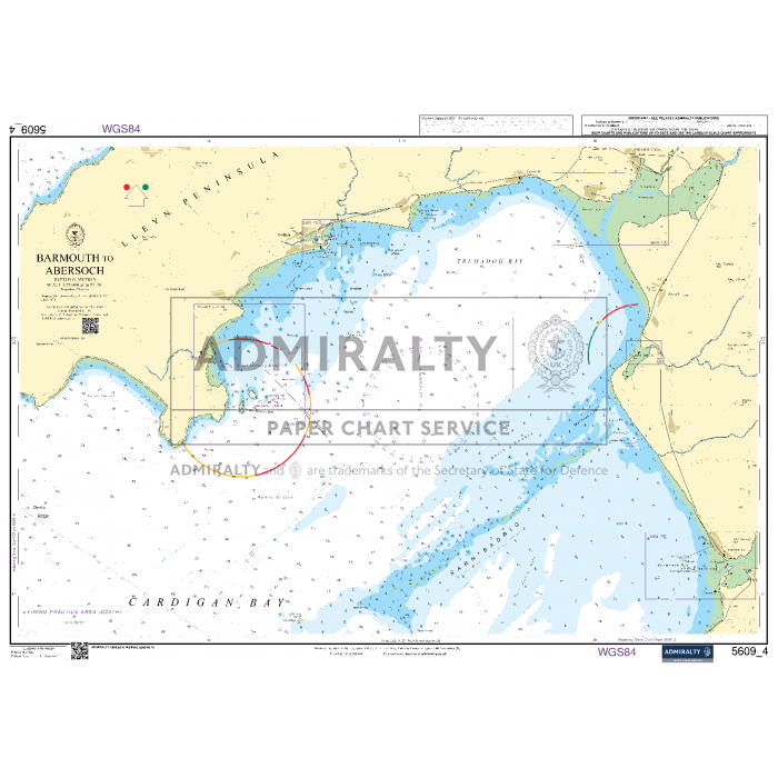 The Admiralty Small Craft Charts - 5609 - North West Wales by Admiralty covers the coastal area from Barmouth to Aberdaron, including parts of Cardigan Bay. Ideal for coastal navigation, this chart features detailed coastal outlines, depth markings, navigational aids, and landmarks along the coast.