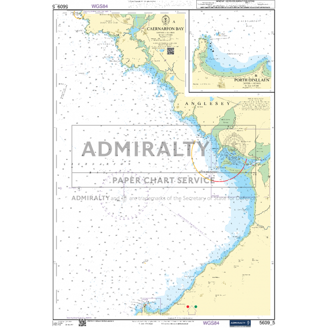 Admiralty's Small Craft Chart 5609_5: Caernarfon Bay showcases the coastline of North Wales, featuring Anglesey and Caernarfon Bay, along with an inset of Holy Island and Port Dinllaen. It includes bathymetric data, navigation aids, and labels sourced from the UK Hydrographic Office.