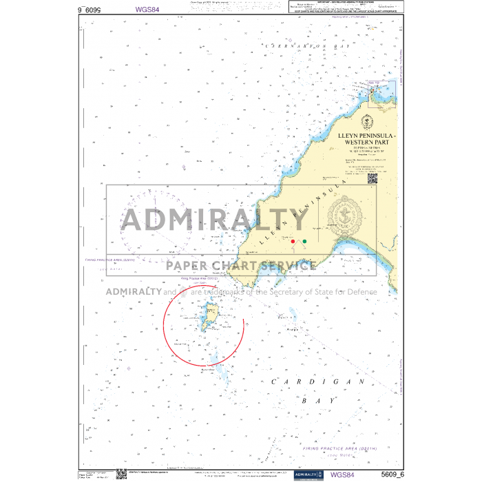 The Admiralty Small Craft Charts - 5609 - North West Wales by Admiralty displays the area around the Lleyn Peninsula and Cardigan Bay in the United Kingdom. This chart details coastal features, depths, navigational markers, and highlights a point of interest near the peninsula with a red circle.