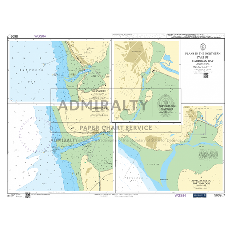 Navigational chart titled "Admiralty Small Craft Charts - 5609 - North West Wales" by Admiralty. This Admiralty chart includes detailed maritime routes, depths, and landmarks for safe coastal navigation in the Northern Part of Cardigan Bay, with various inset plans and geographical details.