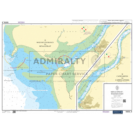 A nautical chart titled "Admiralty Small Craft Charts - 5609 - North West Wales," providing detailed maritime information including water depths, navigational aids, coastal outlines, and landmarks in the Menai Strait region. This ADMIRALTY chart features symbols, annotations, a compass rose, and is essential for precise coastal navigation.