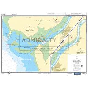 The Admiralty Small Craft Chart 5609_8: Menai Strait (Western Part) by Admiralty provides detailed water depths, navigation routes, and coastal information. Produced by the UK Hydrographic Office, it features annotations, specific locations, and navigational symbols crucial for mariners.