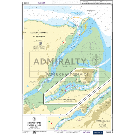 Admiralty Small Craft Chart 5609 - North West Wales provides a detailed nautical chart of the Menai Strait - Eastern part, delineating topographical features such as water depths, navigational hazards, and landmarks. Key areas including The Swellies and Carreg y Ginoog to Bangor are prominently highlighted. Designed for coastal navigation, this chart adheres to WGS84 and ADMIRALTY chart standards from the esteemed Admiralty brand.