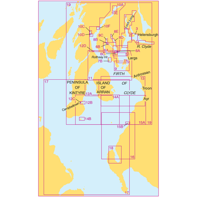 A map of the Firth of Clyde showing navigational routes, islands, and coastal towns. The Admiralty Small Craft Charts - 5610 - The Firth of Clyde from Admiralty include marked zones and labels for locations such as Rothesay, Helensburgh, Largs, and Ayr. Various coordinates essential for coastal navigation are also indicated on the map.