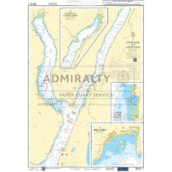 Admiralty Small Craft Charts - 5610 - The Firth of Clyde by Admiralty includes a nautical chart of Loch Goil and Loch Long with detailed information on depths, navigation aids, and coastal features for effective coastal navigation. Insets cover Cumbrae and Largs Channel, Millport, with additional navigational details for adjacent areas. The chart is marked with the ADMIRALTY Small Craft Charts logos and cartographic data.