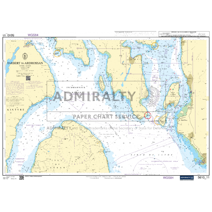 The Admiralty Small Craft Chart 5610 - The Firth of Clyde offers a detailed representation of the waters from Tarbert to Ardrossan. It features coastal details, depth measurements, navigational aids, and potential hazards with visible latitude and longitude gridlines, making it ideal for coastal navigation.