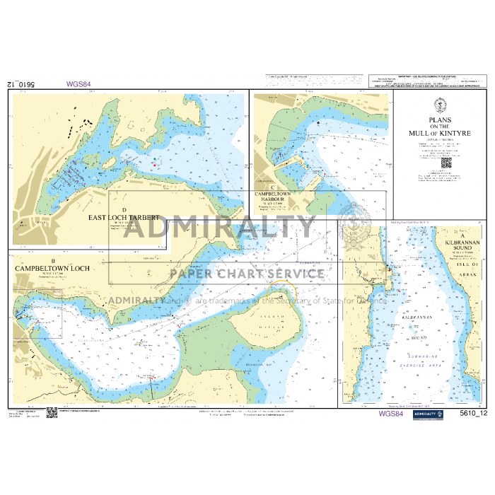 A nautical chart titled "Admiralty Small Craft Charts - 5610 - The Firth of Clyde," ideal for coastal navigation, showing detailed maritime information for East Loch Tarbert, Campbeltown Loch, and Kilbrannan Sound. The Admiralty chart includes bathymetric data, coastal outlines, and navigational aids.