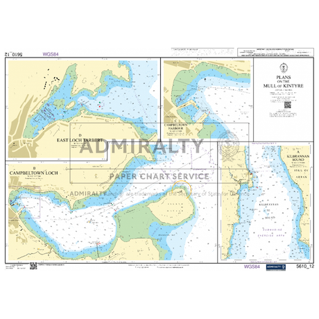 A nautical chart titled "Admiralty Small Craft Charts - 5610 - The Firth of Clyde," ideal for coastal navigation, showing detailed maritime information for East Loch Tarbert, Campbeltown Loch, and Kilbrannan Sound. The Admiralty chart includes bathymetric data, coastal outlines, and navigational aids.