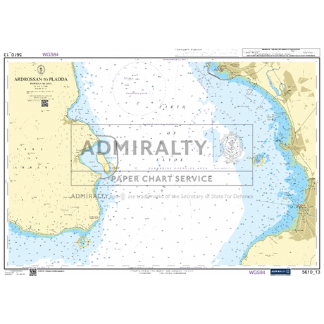 The Admiralty Small Craft Chart 5610_13: Ardrossan to Pladda by the Admiralty brand highlights coastal regions and waters featuring maritime symbols and depth measurements. Produced by the UK Hydrographic Office, it offers crucial navigation details such as tidal information.