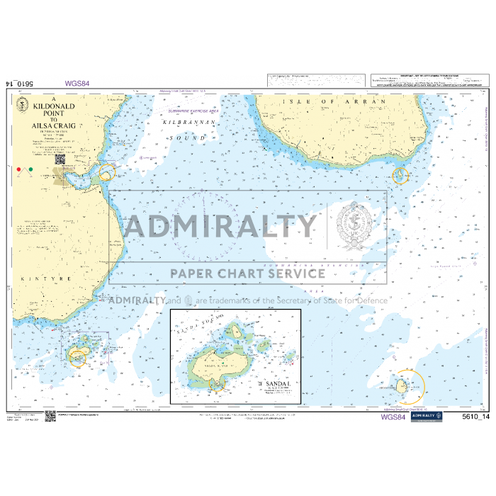 The Admiralty Small Craft Charts - 5610 - The Firth of Clyde is an essential nautical chart for navigating the west coast of Scotland, spanning from Kildonald Point to Ailsa Craig. It highlights various navigational markers and depths, with insets detailing smaller islands. The Admiralty label ensures additional technical details are included.