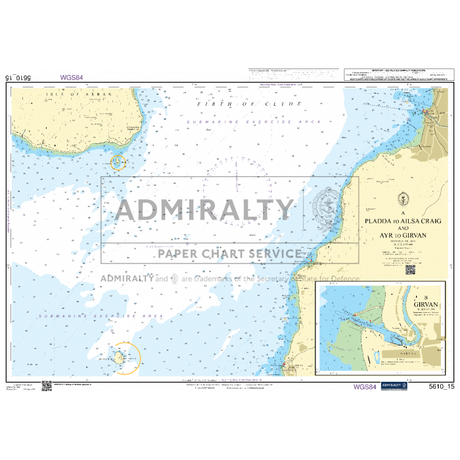 The Admiralty Small Craft Chart 5610 for the Firth of Clyde details the coastal region from Ayr to Girvan, with depths marked in meters. Coastal features such as the Isle of Arran and Ailsa Craig are included, along with an inset map of Girvan Harbor, specifically designed for coastal navigation.