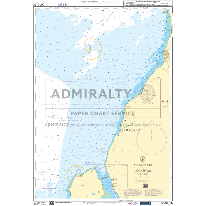 Admiralty's Small Craft Charts - 5610, titled "The Firth of Clyde," feature detailed nautical mapping of the Ailsa Craig and Loch Ryan areas, including precise coastline details, navigation aids, and depth contours. It includes coordinates on the border and is perfect for coastal navigation.