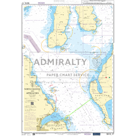 Nautical chart of the Firth of Clyde, detailing the maritime area between Scotland, Northern Ireland, and nearby waters. It includes depths, coastal features, navigational hazards, and routes marked in various colors. Titled 'Admiralty Small Craft Charts - 5610 - The Firth of Clyde,' it is ideal for coastal navigation.