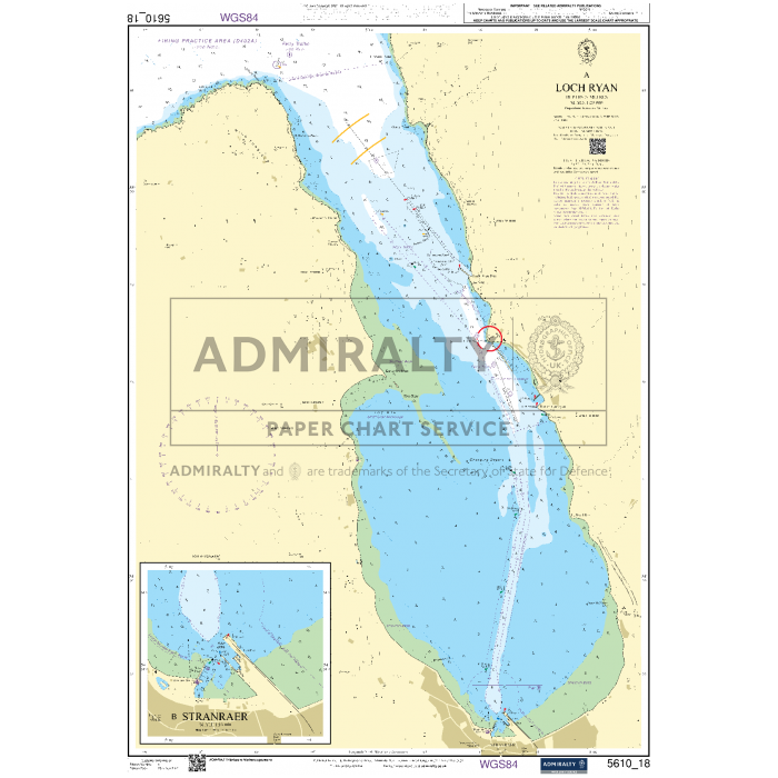 This Admiralty Small Craft Charts product, specifically chart number 5610 titled "The Firth of Clyde," provides detailed nautical charting of Loch Ryan in Scotland. It includes various navigational aids, depth contours, and coastal features essential for coastal navigation. An inset map depicting the area around Stranraer is located in the lower-left corner.