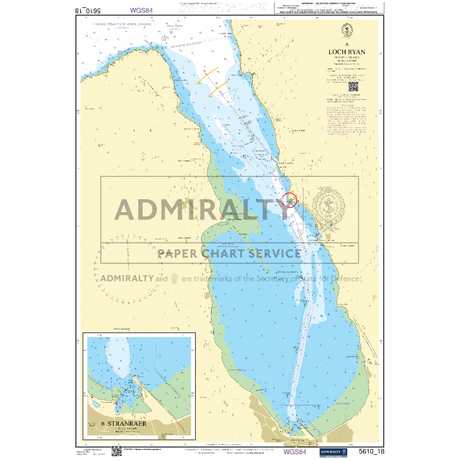 This Admiralty Small Craft Charts product, specifically chart number 5610 titled "The Firth of Clyde," provides detailed nautical charting of Loch Ryan in Scotland. It includes various navigational aids, depth contours, and coastal features essential for coastal navigation. An inset map depicting the area around Stranraer is located in the lower-left corner.