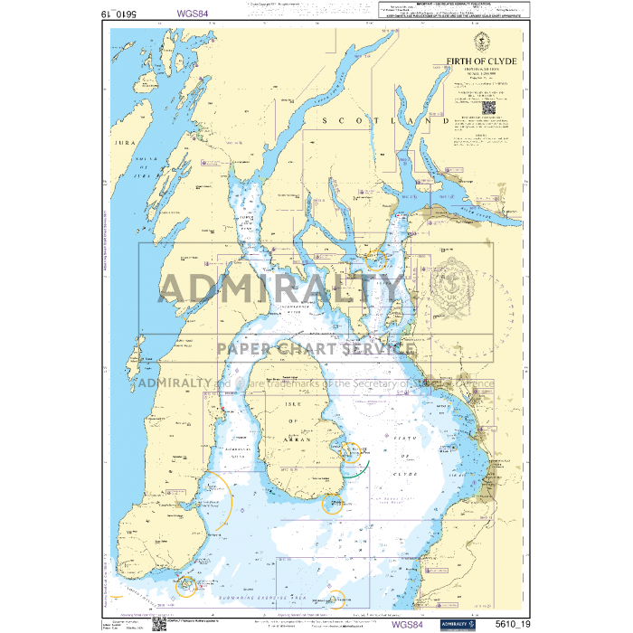 The Admiralty Small Craft Charts - 5610 - The Firth of Clyde is a comprehensive nautical chart specifically designed for coastal navigation along Scotland’s west coast. It features various landmarks, depth measurements, and shipping routes, using blue to indicate water depths and yellow for land and coastline.