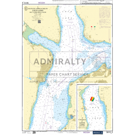 The Admiralty Small Craft Charts - 5610 - The Firth of Clyde by Admiralty offers a nautical chart detailing the southern approaches to Loch Long, complete with comprehensive depth contours, navigational aids, hazards, and landmarks. An inset provides a closer examination of a specific area. Featuring the ADMIRALTY Small Craft Charts label and various navigational notations, it is perfectly suited for coastal navigation.