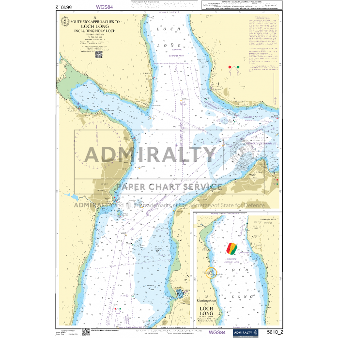 Admiralty Small Craft Chart 5610_2, titled "Southern Approaches to Loch Long including Holy Loch," provides a detailed nautical illustration of the southern approaches to Loch Long, Scotland. It includes navigational aids and depth markings, coastal details, and an inset highlighting a specific area using standard symbols. This chart is part of the Admiralty series by the UK Hydrographic Office.