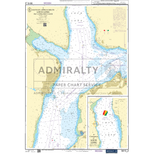 Admiralty Small Craft Chart 5610_2, titled "Southern Approaches to Loch Long including Holy Loch," provides a detailed nautical illustration of the southern approaches to Loch Long, Scotland. It includes navigational aids and depth markings, coastal details, and an inset highlighting a specific area using standard symbols. This chart is part of the Admiralty series by the UK Hydrographic Office.